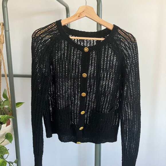 Black crochet cropped cardigan with shimmer detail and bold gold buttons - Picture 6 of 8
